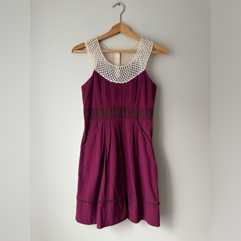 ANTHROPOLOGIE Floreat Dress Burgundy with‎ Lace Collar